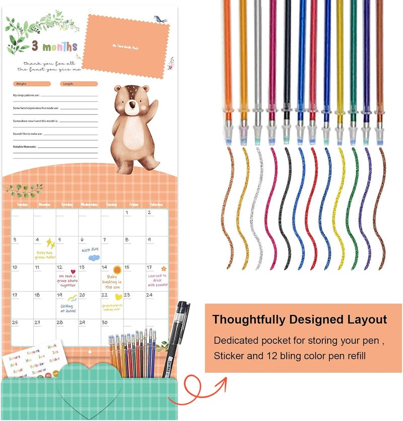 Monking Baby's First Year Calendar with Stickers by Bright Day - 1st Year Tracker - Baby Memory Book for Girls to Document and Cherish Baby First Year Milestones,- Milestone Keepsake for Baby Boy with Pocket - Image 2